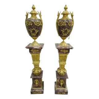 French Burgundy Porcelain Vase Pedestal Set – Gold Leaf & Bronze Pedestal With Romantic Scenes For Sale