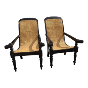 Mid 20th Century Dutch Colonial Indonesian Cane and Wood Plantation Chairs With Extending Arms