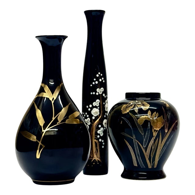 Mid 20th Century Black and Gold Embellished Ceramic Vase Curation - Group of 3 For Sale