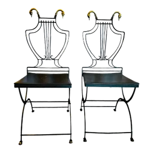 1920s Maison Style Black Iron Lyre Back Swan Chairs-Set of 2