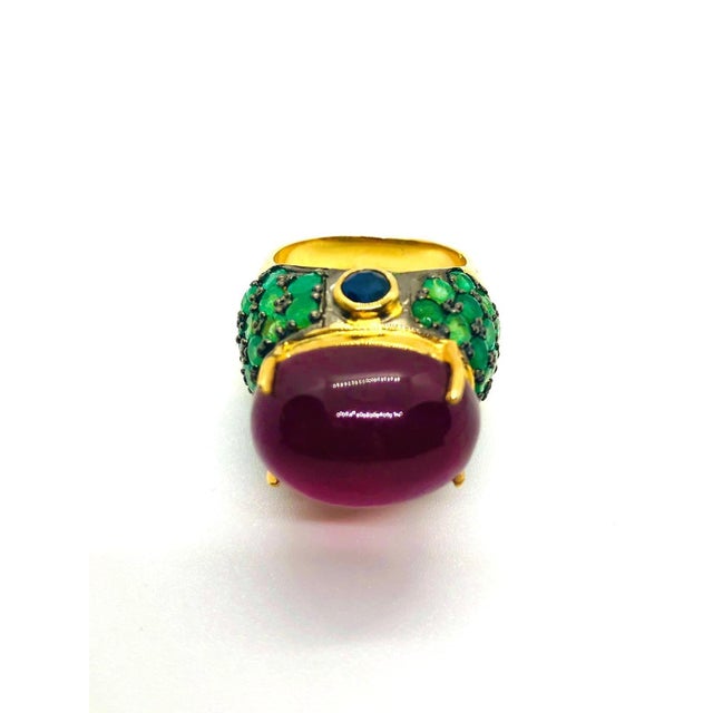 Bochic “Orient” Vintage Blue Sapphire, Ruby & Emerald Ring 18K Gold & Silver For Sale - Image 4 of 12