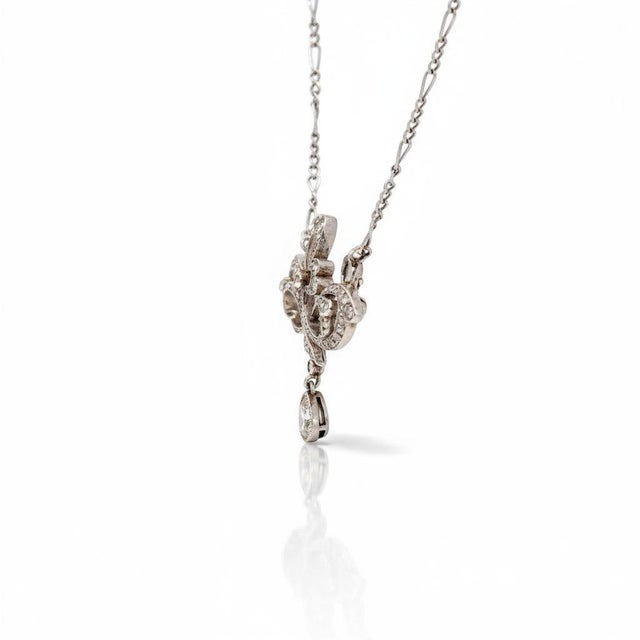 Early 20th Century Antique Art Nouveau Platinum Pendant Necklace - 0.4ct Pear Cut Diamond Drop - For Sale - Image 5 of 6