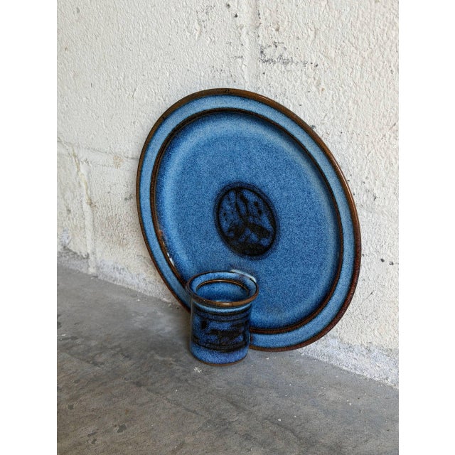 Mid-Century Modern Aksel Krog Ceramic Wall Plaque Candle Holder Speckled Blue Stoneware Denmark 1960s For Sale - Image 3 of 9