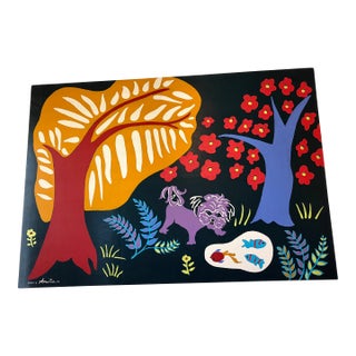 Contemporary Painting of a Dog in a Stylized Garden, Signed and Dated 2012 For Sale