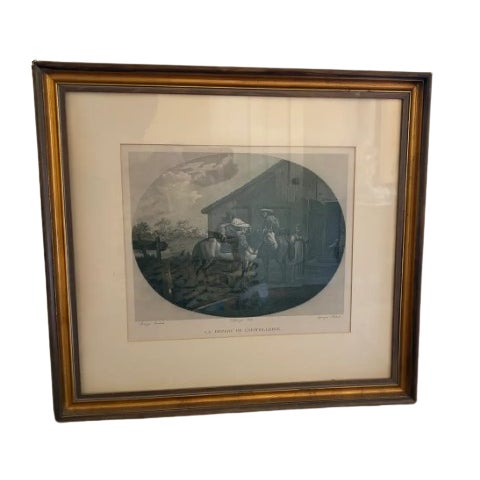 An evocative early 20th-century French print titled Le Départ de l’Hôtellerie, depicting mounted travelers preparing to...