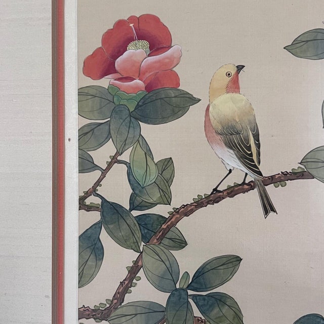 1970s Hand-painted silk panels Chinoiserie birds and flowering branches w/ glare-free glass stamped signed - Set of 2 Framed For Sale In Kansas City - Image 6 of 18