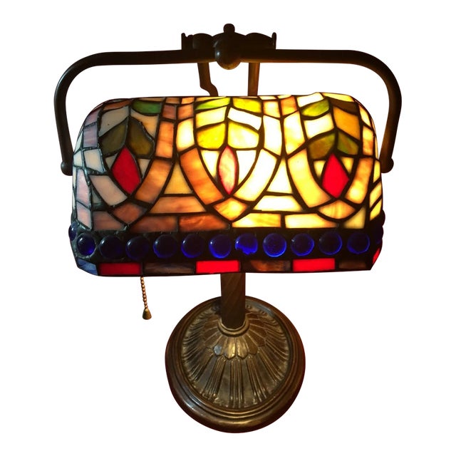 Vintage Mid-Century Modern Tyffany Style Bankers Desk Lamp For Sale