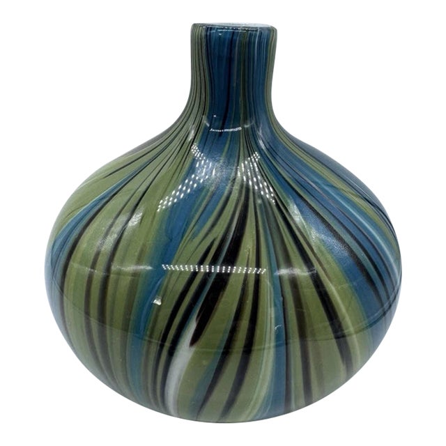 Vintage Murano Style Swirl Blue Green Black Hand Blown Vase For Sale