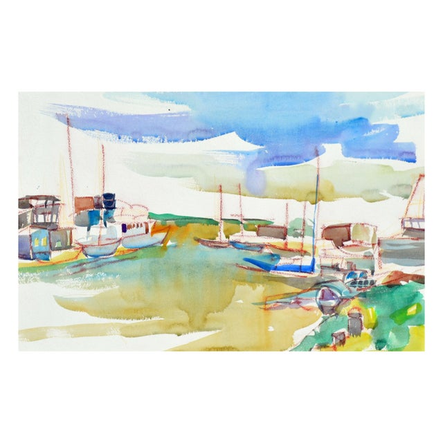 Colorful watercolor of boats in the Harbor by California artist Virginia Hughins (Virginia Brubaker DeWolf), (American,...