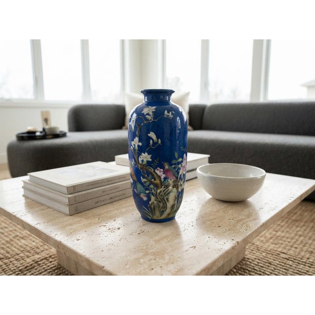 8" Vintage Bright Cobalt Blue Flower Bird Enamel Porcelain Art Vase For Sale - Image 4 of 13