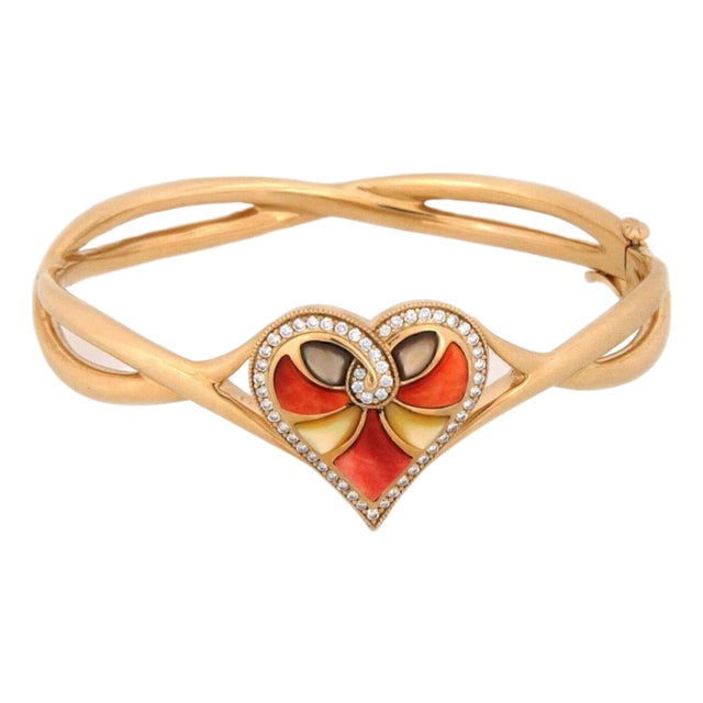 Kabana Multi Color Gems & Diamonds 14k Yellow Gold Heart Bangle Bracelet For Sale