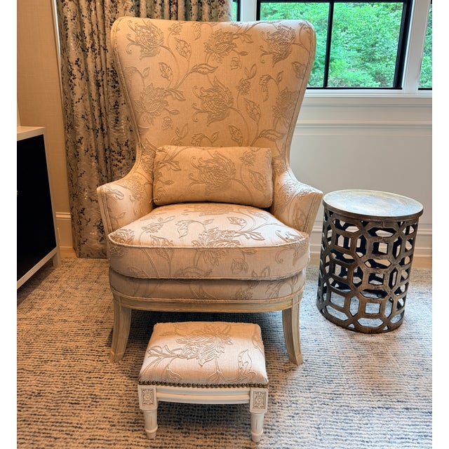 Tall Embroidered Wingback With Footstool For Sale - Image 12 of 13