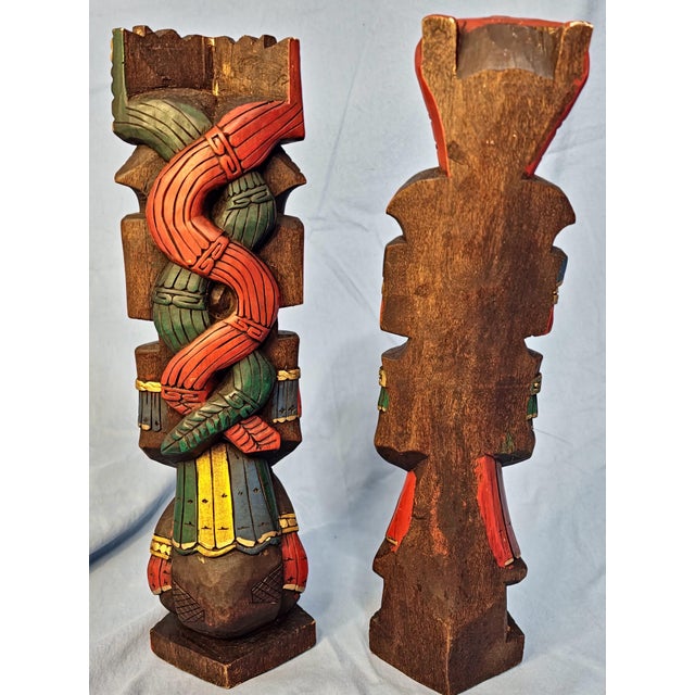 Wood Pair of Mayan Aztec Vintage Totem Sculptures ~ Hand Painted ~ Hand Carved For Sale - Image 7 of 9