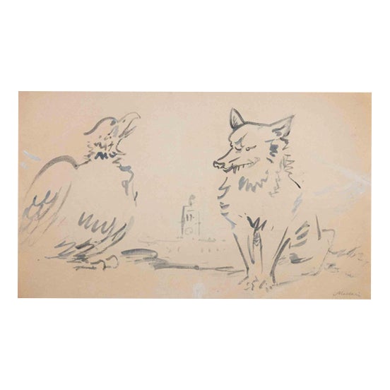Mino Maccari, The Eagle and the Fox, 1950s, Watercolor For Sale