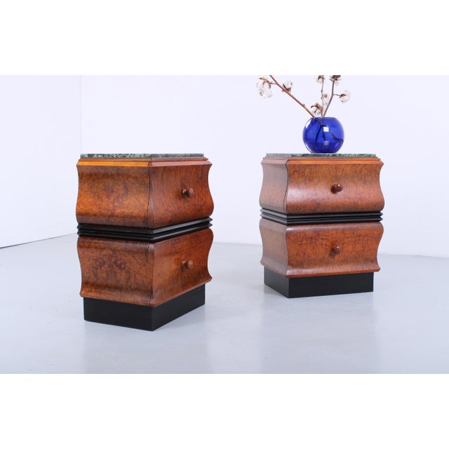 Art Deco Walnut and Green Marble Nighstands, 1920s, Set of 2 For Sale - Image 4 of 18