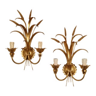 1950s Italian Gilded Tole Wheat Sconces - A Pair For Sale