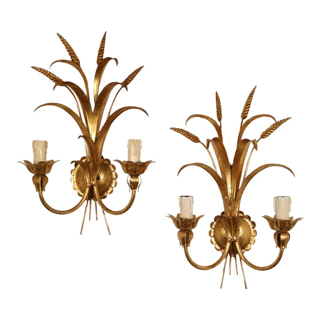1950s Italian Gilded Tole Wheat Sconces - A Pair For Sale
