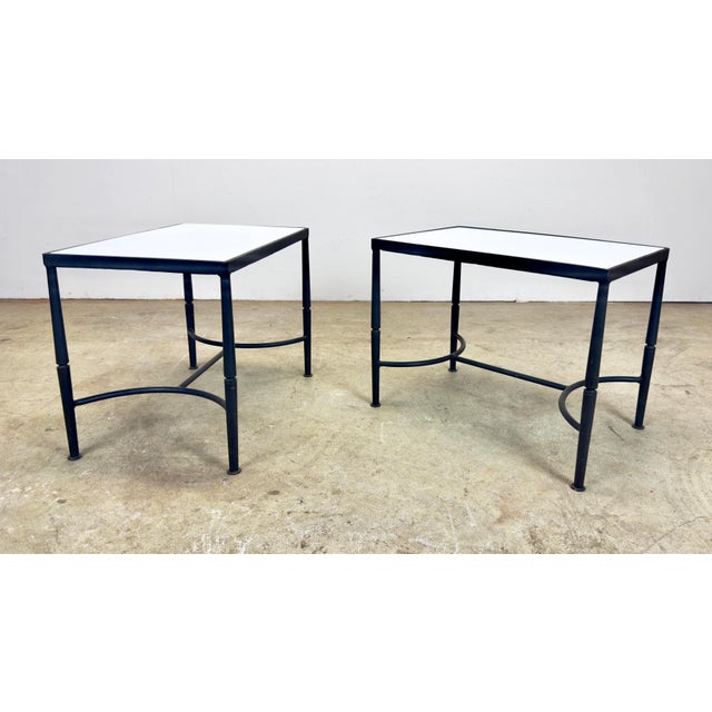 A very cool pair of well-made and designed wrought iron side tables with milk glass top inserts. Possibly Italian. Nice...