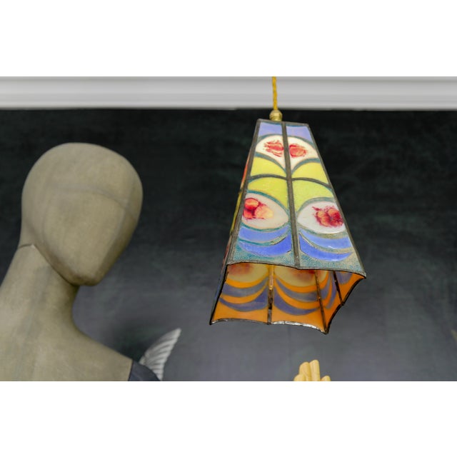 Mid-Century Blue, Yellow and Red Stained Glass Pendant Light, 1970s For Sale - Image 6 of 18