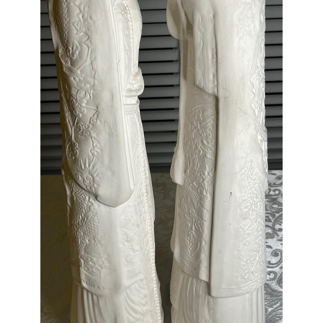 Vintage 22" Chinese Emperor & Empress Chalkware Statues - White Mid Century, A Pair For Sale - Image 4 of 17