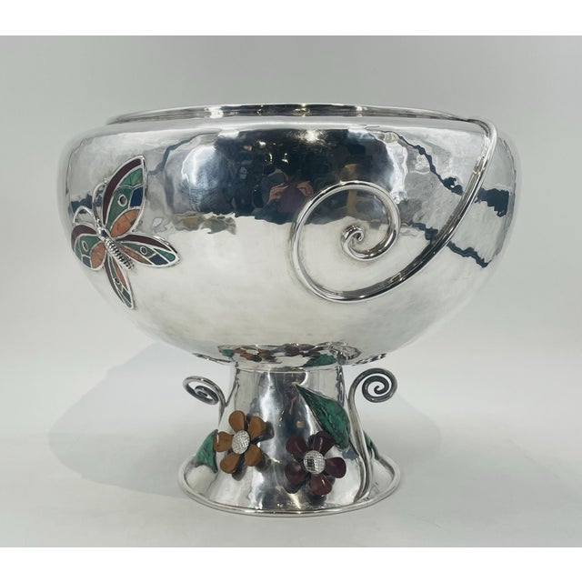 Emilia Castillo 1980s Silver Plate Punch Bowl With Stone Inlay by Emilia Castillo, Mexican Silver For Sale - Image 4 of 18