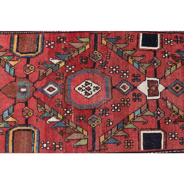 Kurdish Antique Runner in Vibrant Red Background and Multi-Tiered Border 3'3 X 14'1 For Sale - Image 10 of 12