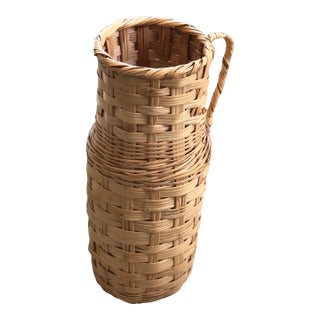 1970s French Provincial Tall Woven Handled Basket Vase For Sale