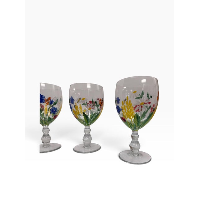 Late 20th Century Vintage Royal Danube Romania Hand-Painted Crystal Floral Goblets – Set of 6 For Sale - Image 5 of 12