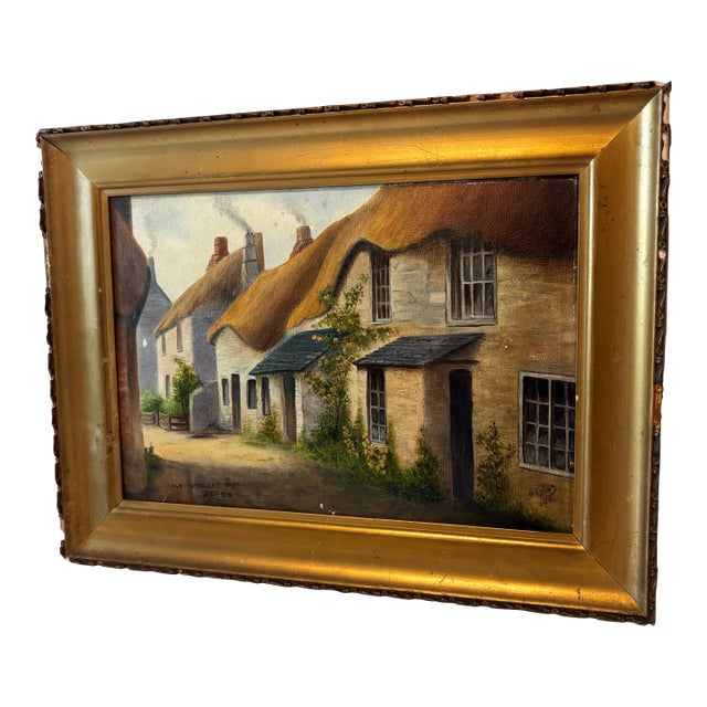 Original Framed Oil on Canvas Landscape of Cottages in Devon For Sale