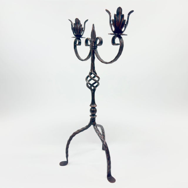 Hand Forged Iron Candelabra 25″ (63cm) Antique Copper Finish 2-Arm Royal Fleur-de-Lis Mantel Centerpiece For Sale - Image 6 of 6