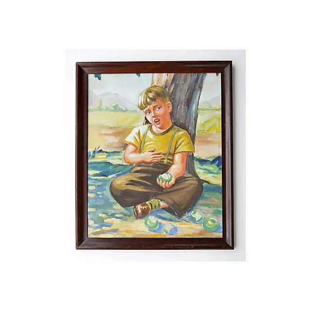 C.1940s Boy Eating Green Apples Watercolor For Sale - Image 9 of 9