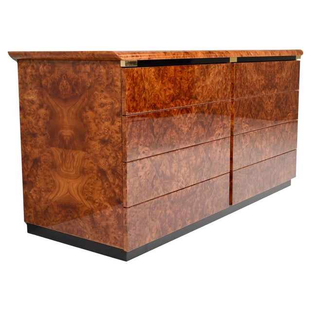 Italian Drawer Credenza in High Gloss Burl and Brass, Italy, 1970s For Sale - Image 15 of 15
