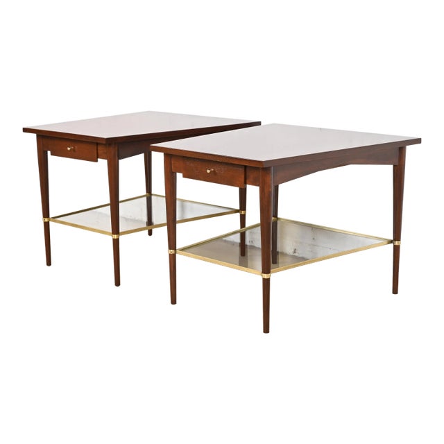 Paul McCobb Connoisseur Collection Mahogany and Brass Wedge Nightstands or Side Tables, Newly Refinished For Sale