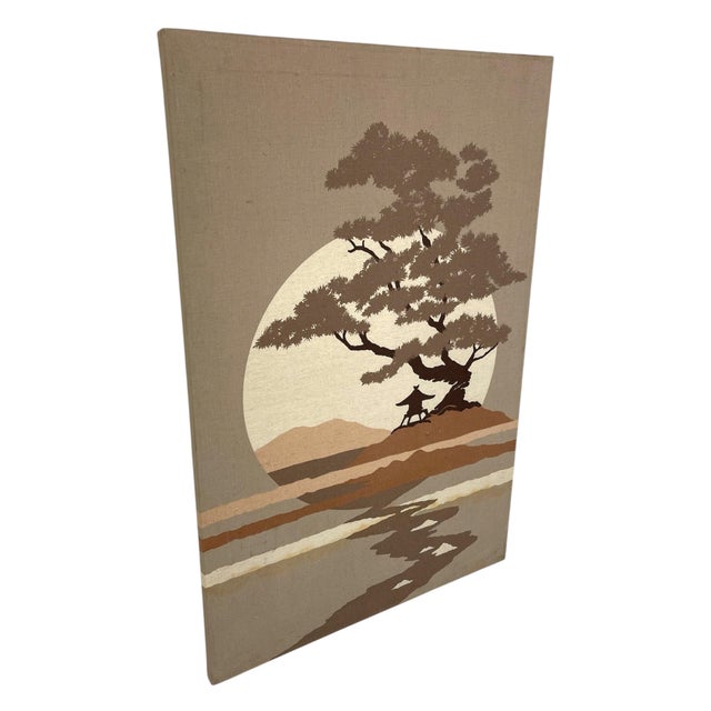 Mid-Century Modern Mid-Century Modern Japanese Landscape Textile Wall Art on Stretched Canvas For Sale - Image 3 of 10