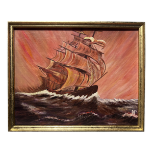 Late 20th Century Vintage Oil Painting on Board, Seascape, Clipper Ship on Sunset, Signed, Framed
