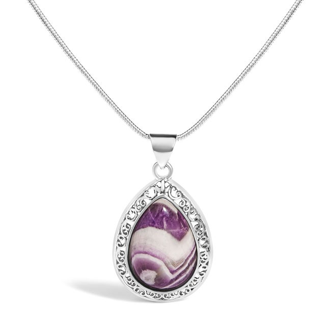 Crafted from gleaming sterling silver, this pendant necklace features a teardrop chevron amethyst, its natural origins...
