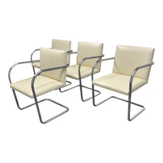 Ludwig Mies Van Der Rohe for Knoll Studio Tubular Brno Leather + Cantilvever Chrome Arm Chairs, Set of Four For Sale