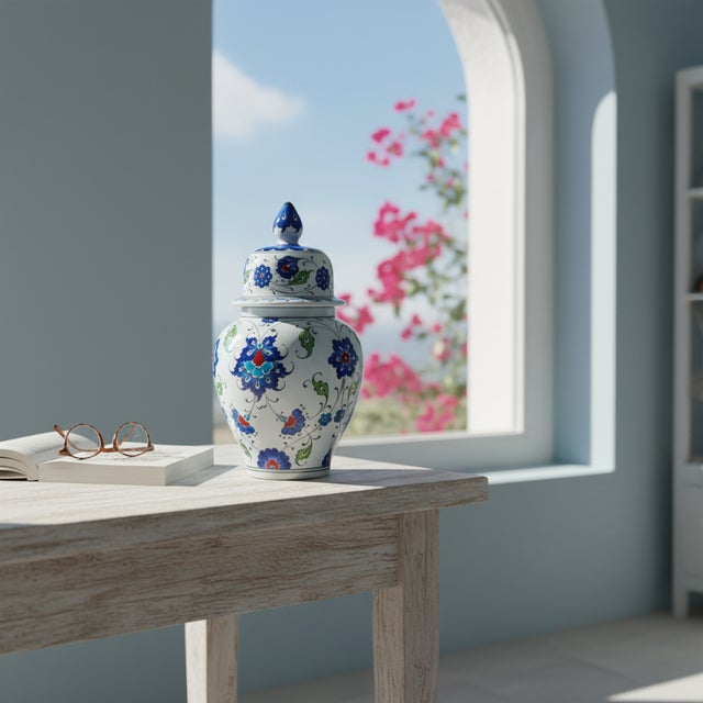 2020s Handmade Ceramic Lidded Jar (20cm) Blue and Turquoise Floral Ginger Vase Kupecik For Sale - Image 5 of 8