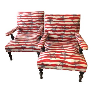 Red White and Blue Upholstered Club Chairs- a Pair For Sale