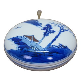 Antique Chinese Qing Blue & White Round Porcelain Ink Seal Paste Box 5" For Sale