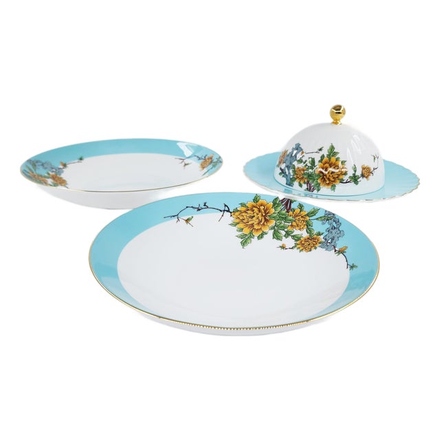 Exquisite Three-Piece Bone China Serving Set With Covered Dome Turquoise Border & Peony Motif For Sale