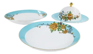 Exquisite Three-Piece Bone China Serving Set With Covered Dome Turquoise Border & Peony Motif