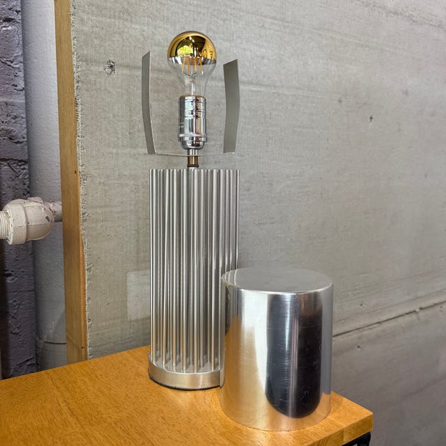 Metal Mid 20th Century Small Modernist Aluminum Cylinder Reed Table Lamp For Sale - Image 7 of 8