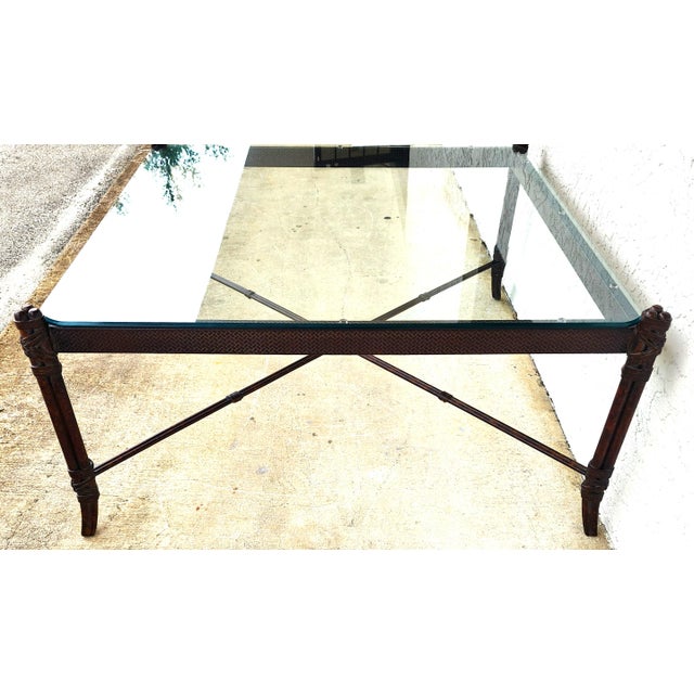 Maitland Smith Style Faux Metal Bamboo Glass & Leather Cocktail Table For Sale - Image 10 of 13