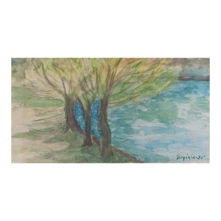 Vintage 1935 Lakeside Landscape Watercolor Painting For Sale