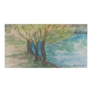 Vintage 1935 Lakeside Landscape Watercolor Painting