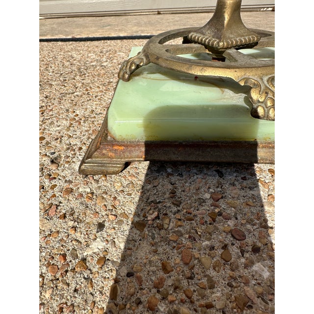 Glass 1920s Antique Art Deco Uranium Glass Jadeite Floor Lamp With Stained Glass Shade For Sale - Image 7 of 9