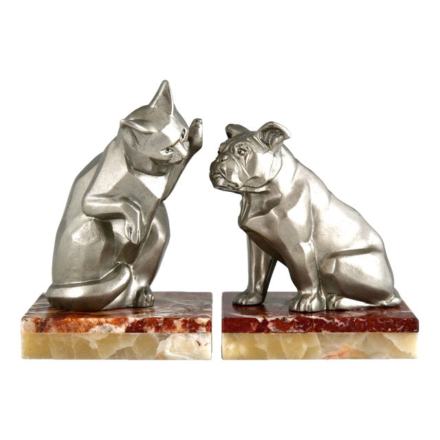 Art Deco Cat and Bulldog Bookends by Irenée Rochard, 1930, Set of 2 For Sale