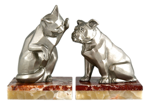 Art Deco Cat and Bulldog Bookends by Irenée Rochard, 1930, Set of 2