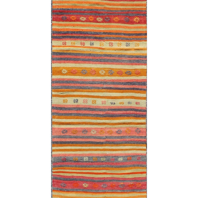 Mid 20th Century Mid 20th Century Vintage Turkish Kilim Runner With Geometric Tribal Designs and Colorful Stripes For Sale - Image 4 of 8